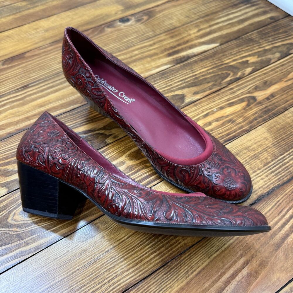 Vintage Tooled Embossed Red Leather Heels | Coldwater Creek Floral Western, 10